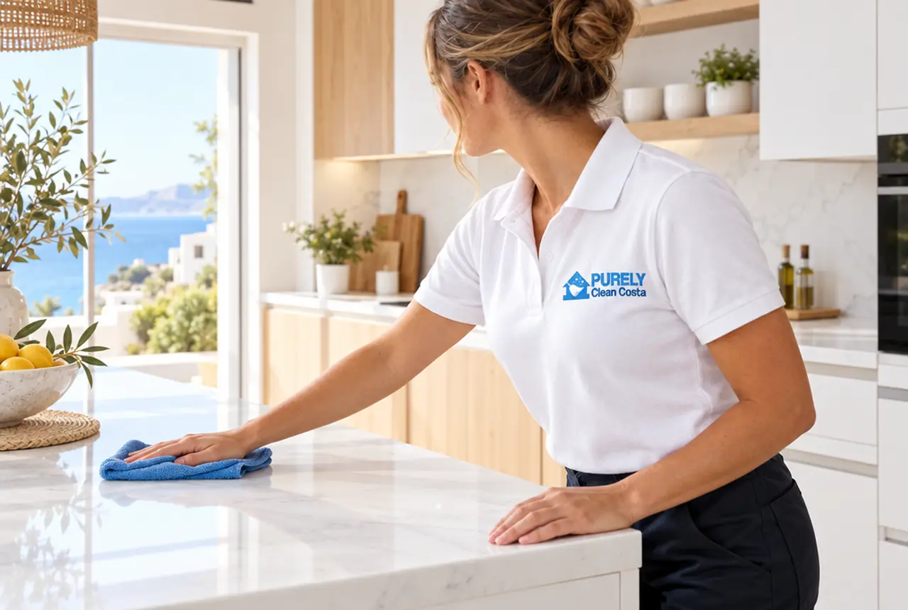 Kitchen island being polished in a bright villa kitchen